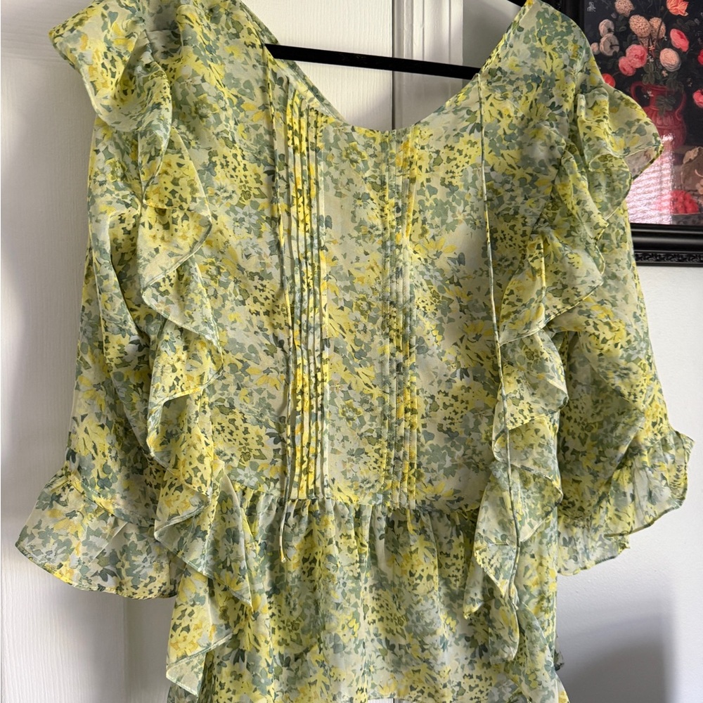 Mango Floral Ruffle Blouse - Yellow and Green